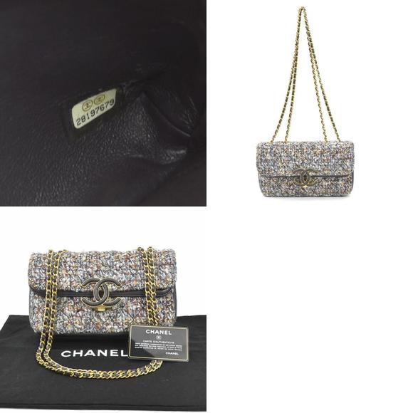 CHANEL Shoulder Bag Coco Mark Tweed/Leather Gray/Blue/Multicolor Gold Ladies - Picture 5 of 5